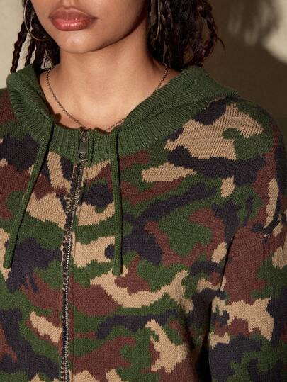 ROMWE Avant Veste à capuche à manches longues, style mode de rue, en tricot ample et camouflage pour femmes