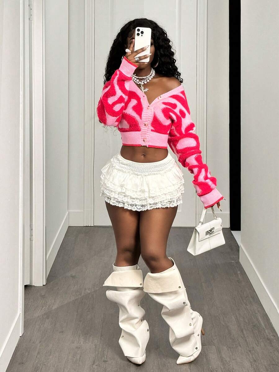 BamGleam Women's Cropped Cardigan Sweater, Long Sleeve, Casual/Sports Style, Autumn/Winter For Women - Pink - View 1