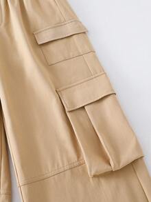 Pantalones rectos holgados de unicolor con bolsillo parche, versátiles y casuales para uso diario de niñas preadolescentes - Caqui - Ver 5