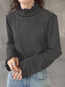 FRIFUL 女式黑色纯色高领长袖撞色滚边后颈抽绳镂空设计修身休闲百搭 T 恤，秋冬 - 深灰色 - 查看 2