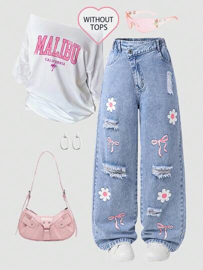 Sparklyn Tween Girls' Flare Leg Jeans, Retro Street Fashion Sweet & Cute Casual Daily School Style Recommended, Pink Bow + Floral Print Design Adorable & Playful, Distressed Details Add Street Flair, Elastic Waistband For Comfort, Asymmetric Waist Design, Loose Fit Flattering, Suitable For Outings, Dates, Beach Vacations, Daily School Looks, Or Hangouts With Friends Fall Winter