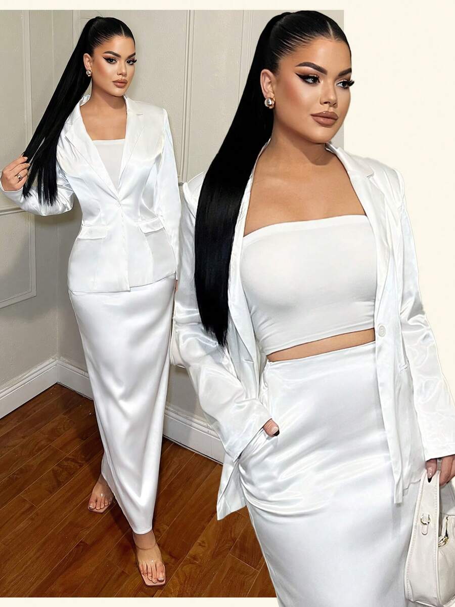 SHEIN SXY White Blazer & Skirt Elegant Suit Set, White 2 Piece Set, Elegant 2 Piece Set, Modest Two Piece Set, Tall Two Piece Set,Fall ,Winter,White ,Business Casual Outfits Women, 2 Piece Sets Woman Classy, Blazer Skirt Set, 2 Piece Dress Set - White - View 1