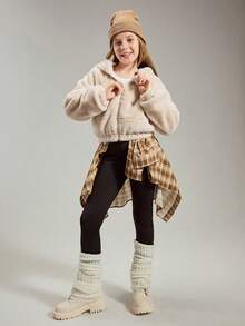 SHEIN Dziewczęca, swobodna, modna, specjalna, tkana, pluszowa, w paski, z sierścią królika, z elastycznymi mankietami i dołem, krótka kurtka z kapturem, podszewka z tkanej tkaniny, dopasowany krój, wygodna na jesień/zimę, na co dzień, do pracy, na zewnątrz, na imprezę, na sesję zdjęciową, na zakupy