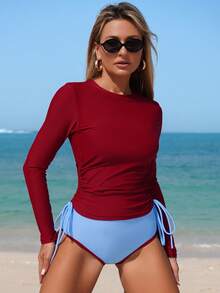 Swim SPRTY 女士新款纯色冲浪服两件套，夏季女式圆领长袖上衣带抽绳，度假时尚休闲冲浪服 - 酒紅色 - 查看 6