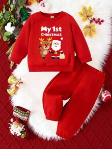 GraphicGems 圣诞快乐 2 件套幼儿男童休闲时尚创意个性化新鲜圣诞老人和驯鹿图形字母印花运动衫和裤子套装，舒适的圣诞派对和休闲装 - 紅色 - 查看 3