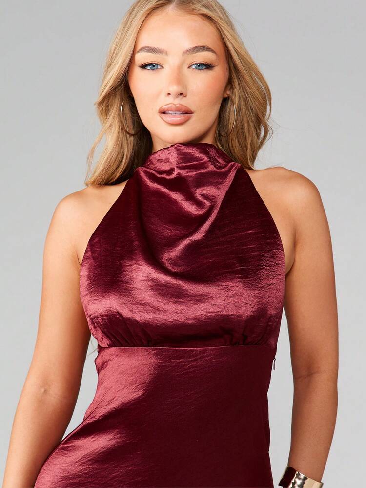 MISSGUIDED Burgundy Satin Halter Neck Mini Dress With Cowl Neckline For Party Evening