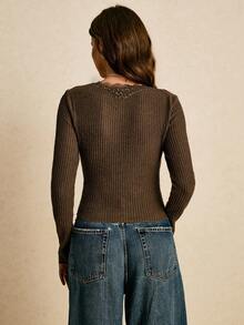 Poéselle 女士时尚休闲蕾丝边V领长袖T恤，优雅女式衬衫，棕色上衣，波西米亚风，舒适秋冬款，新年必备，适合日常穿着、外出、通勤等场合。 - 棕色 - 查看 7