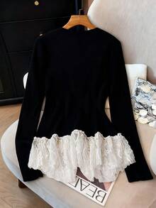 Auvina White V-Neck Lace Patchwork Knit Sweater, Exquisite And Chic - Black - View 2