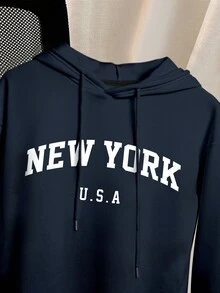 Resyla 女式羊毛连帽连衣裙，配有抽绳和纽约字母印花，长袖运动衫图案套装