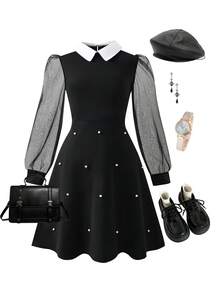 1pc Girls Wednesday Collared Mesh Patchwork Long Sleeve Dress, Elegant Gothic Style With Pearl Decor, Suitable For Back To School, Christmas And Other Occasions (Dress Only) - Black - View 3