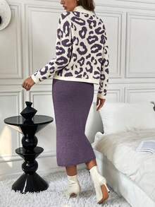 SHEIN Clasi 2pcs Leopard Print Fitted Elegant Knit Sweater Set - Purple - View 2