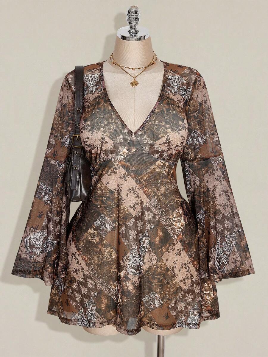 SHEIN ICON Váy peplum cổ chữ V tay loe họa tiết Paisley phong cách Bohemian cỡ lớn cho nữ - màu nâu - Xem 1