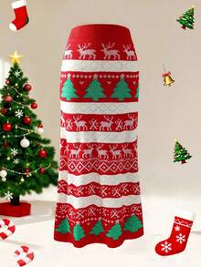 Franclia 新款欧美圣诞红色弹力腰包，营造节日氛围，圣诞树麋鹿雪花图案撞色慵懒A字鱼尾羊毛长裙毛衣裙，冬季女装，秋季女装，新年装 - 彩色 - 查看 3