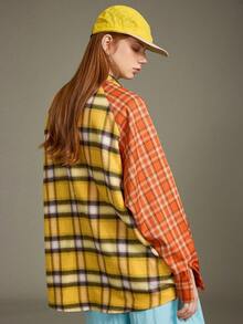 Elnivra Camisa de mujer de manga larga a cuadros tejida con bolsillos, estilo deportivo casual retro americano, versátil para volver a la escuela, otoño - Amarillo - Ver 2