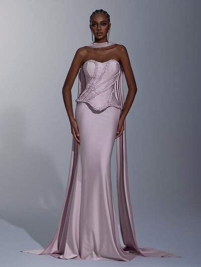 Elitara Elegant, Romantic, Fashionable, Minimalist, Pink-Purple Color, Stretchy Fabric, Braided Rope Decor, Bustier Style, With Cups, Boning, Halter Neck, Suitable For Holidays, Vacation, Birthday, Party, Wedding Events, Formal Dinner Dress