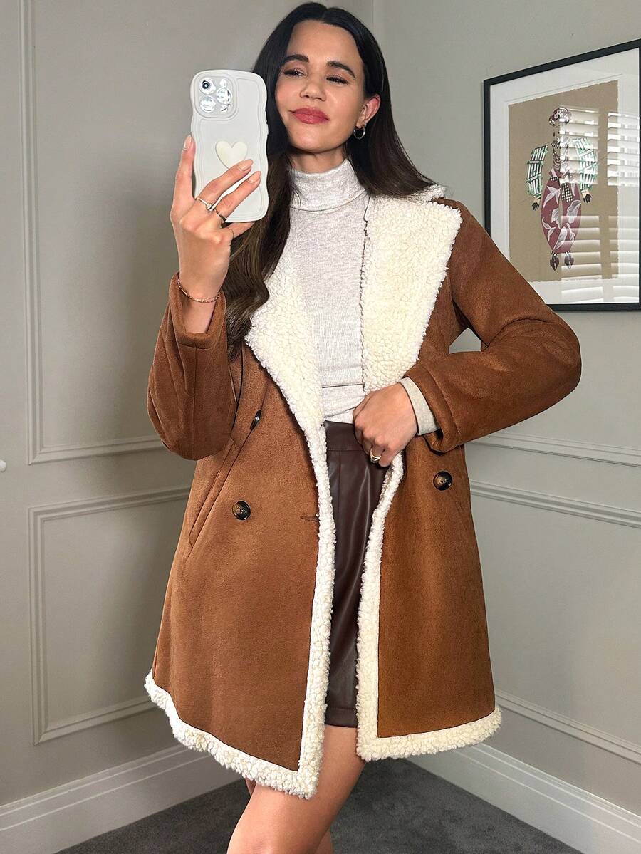 SHEIN Clasi Damen Flauschige Patchwork Knopfleiste einfache Lässig Regeljacke für Herbst/Winter