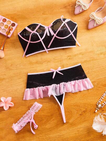 FairyFlirt Conjunto de lingerie sexy com decoração de laço contrastante feminino