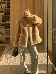 CovetEZ 女士棕色落肩长袖人造毛皮拼布休闲夹克，秋冬 - 棕色 - 查看 1