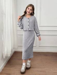 SHEIN Serisse Kids 青少年女孩休闲时尚法式优雅罗纹 V 领长袖修身开衫夹克搭配修身长裙套装，适合周末、休闲外出、返校 - 灰色 - 查看 2