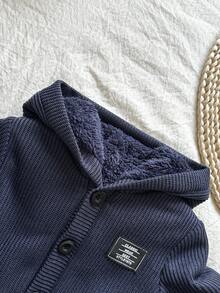 Vintaside Kids 1 件幼儿男童冬季新款 2025 人造毛皮衬里连帽长袖开衫夹克，适合男婴的时尚街头服饰，温暖厚外套 - 藏蓝色 - 查看 6