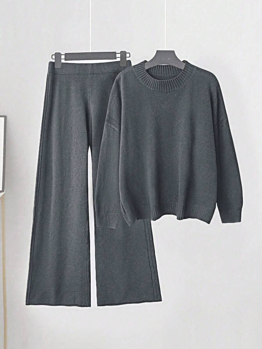 Linhara Plus Size Women Knitted Wool Sweater Loungewear Set, Coffee Color - Dark Grey - View 1