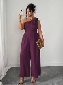 Elenzga Plus Size Summer Fashionable French Retro Romantic Asymmetric Shoulder 3D Floral Jumpsuit - Purple - View 5