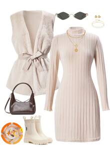 2pcs/Set Girls Pink Elegant Vintage Dress & Furry Vest Suit With Waist Belt,Autumn Matching Family Outfit For Outdoor,Walking,Commuting,Winter - Apricot - View 3