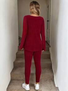 SHEIN LUNE 女士保暖罗纹长袖T恤和打底裤两件套，粉色，秋冬款 - 紅木色 - 查看 5