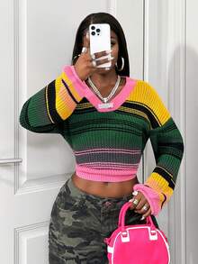 SHEIN BamGlam Suéter holgado de cuello en V con bloques de color para mujer, uso diario casual y de moda - Multicolor - Ver 7