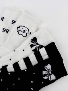 ROMWE Kawaii 5 paia di calzini, calzini a tubo di media lunghezza con fiocco e puntini piccoli per ragazze, calzini spessi per l'autunno e l'inverno, calzini morbidi e amichevoli per la pelle da donna a righe e a pois bianchi e neri - Multicolore - Visualizzare 3