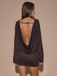 SHEIN BAE Autumn/Winter Solid Brown/Coffee Long Sleeve Loose Plunging Neck Sexy Mini Dress, Suitable For Cocktail Party, Romantic Date, Gathering, Formal Event, Bridesmaid Dress, Night Out,,Party Dresses For Women