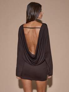 SHEIN BAE 秋冬纯棕色/咖啡色长袖宽松低胸性感迷你连衣裙，适合鸡尾酒会、浪漫约会、聚会、正式活动、伴娘礼服、夜间外出、万圣节、圣诞节 - 巧克力棕 - 查看 1