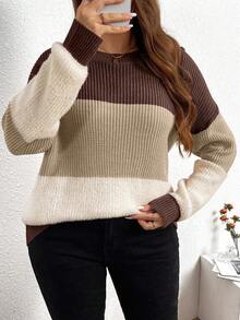 SHEIN LUNE Áo len chui đầu cổ tròn tay dài họa tiết sọc Colorblock cỡ lớn dành cho nữ, đa năng cho mùa thu/đông - Nhiều màu - Xem 3