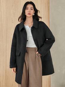 Dazy-Less 女士休闲宽松优雅中长款厚外套，适合秋冬季商务通勤 - 深灰色 - 查看 8