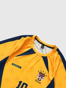 ROMWE MEN Prep 男式足球图案圆领短袖T恤 - 芥末黃 - 查看 4