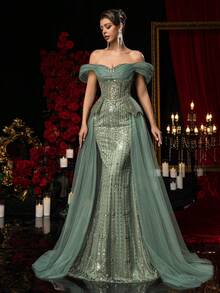 Glamrae Elegant Luxurious Beaded & Sequin Floral Off Shoulder Mermaid Maxi Dress With Voluminous Tulle Skirt (Heavy Embellishment) - Army Green - View 7