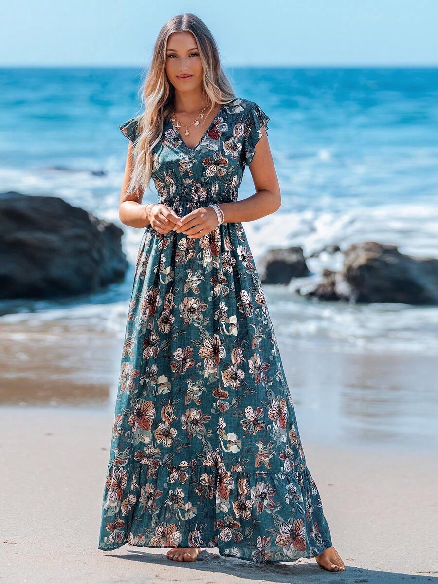 Sylviya Casual Women's Shirred Ruffled Small Cap Sleeves Waist Ruffle Trim Large A-Line Long Dress Positioning Print Casual Holiday Women's Dress Summer Dresses For Women Floral Dress Women Vacation Dress Ruffle Dress Boho Dress Women Tropical Dress