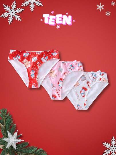 3pcs Christmas Snowman, Gingerbread Man, Christmas Tree Print Comfortable Cute Unique Christmas Gifts For Teens Girls Underwear Christmas Panties