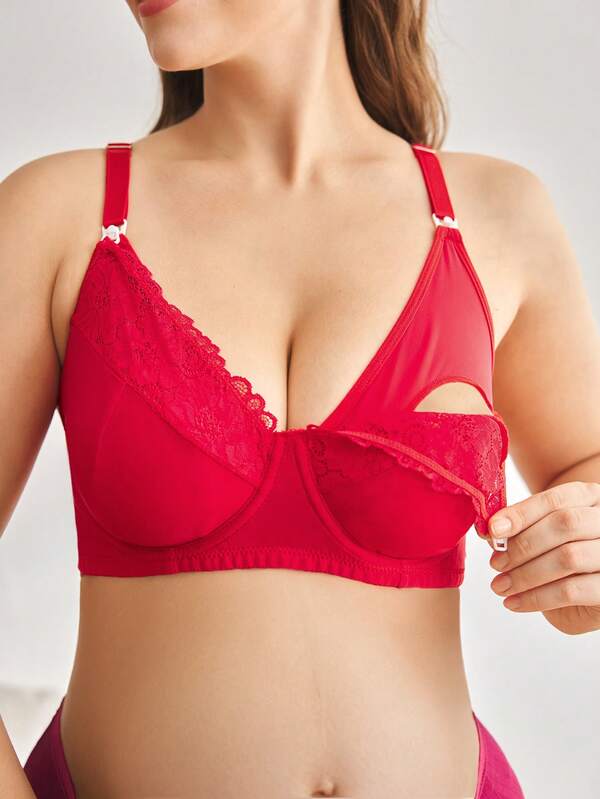 BloomMama Plus Size Nursing Bra With Hooks, Underwire, Lace Patchwork, Convenient For Breastfeeding