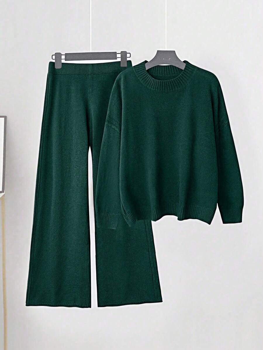 Linhara 大码女士针织羊毛毛衣家居服套装,咖啡色 - 墨綠色 - 查看 1
