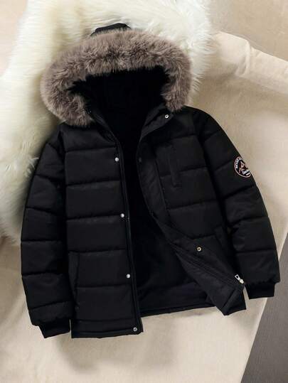 Mirajuku 1pc Black Thermal-Lined Hooded Parka For Tween Boy, Fashionable Loose Fit Padded Coat Suitable For Autumn/Winter, Outdoor, Travel, School And Various Occasions