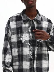 Long Sleeve Crop Fit Check Shirt With Cross Print Casual Button Down - Black and White - View 7