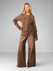 MISSGUIDED Curved Sleeve Collarless Peplum Hem Denim Jacket Button Front Fitted Outerwear Fall Winter Fashion - Coffee Brown - View 5