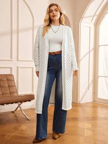 EMERY ROSE Plus Size White Polka Dot Drop Shoulder Long Sleeve Knit Cardigan For Women,Autumn Silky Smart Casual Elegant Open Front Sweater Fall Winter Clothes - Beige - View 4