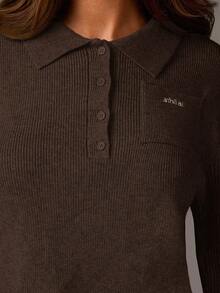 Athîral Women's Casual Button-Embroidered Cropped Knit Top, Fall Ribbed Knit Top, Polo Shirt, Fall Fashion, Fall Women's Brown Knit Sweater, Knitted Long Sleeve, Women's Long-Sleeved Top, Back-To-School Season,Fall,Fall Clothes For Women - Coffee Brown - View 4