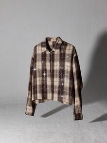 NEON BLANC Áo sơ mi nam len kẻ caro dáng ngắn rộng rãi thời trang đính đá hình nhện phù hợp cho mùa thu đông - Màu Khaki - Xem 4