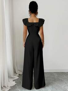 Elenzga 全新女式方领荷叶边假门襟腰带装饰纽扣连体裤，优雅日常通勤修身高腰连体裤 - 黑色 - 查看 2