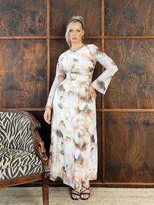 Arliah Women's Tie-Dye Print Round Neck Long Sleeve Elegant Extra Long Dress Dresses For Women Elegant Women Formal - Multicolor - View 1