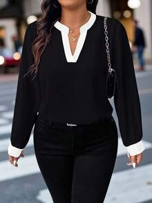SHEIN PETITE CURVE LUNE Plus Size Solid Color Patchwork Long Sleeve Casual Shirt For Women, Autumn - Black and White - View 4