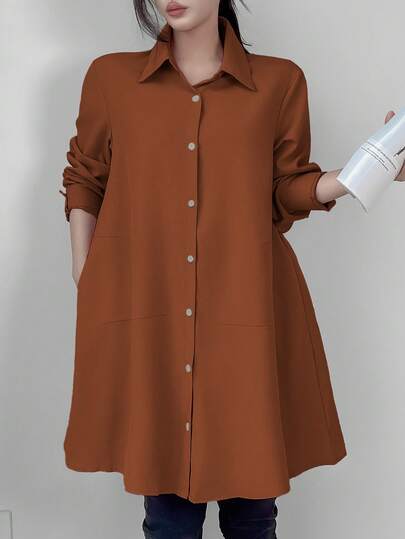 SHEIN Unity 女性用シンプルソリッドカラー長袖シャツ、カジュアルな日常着